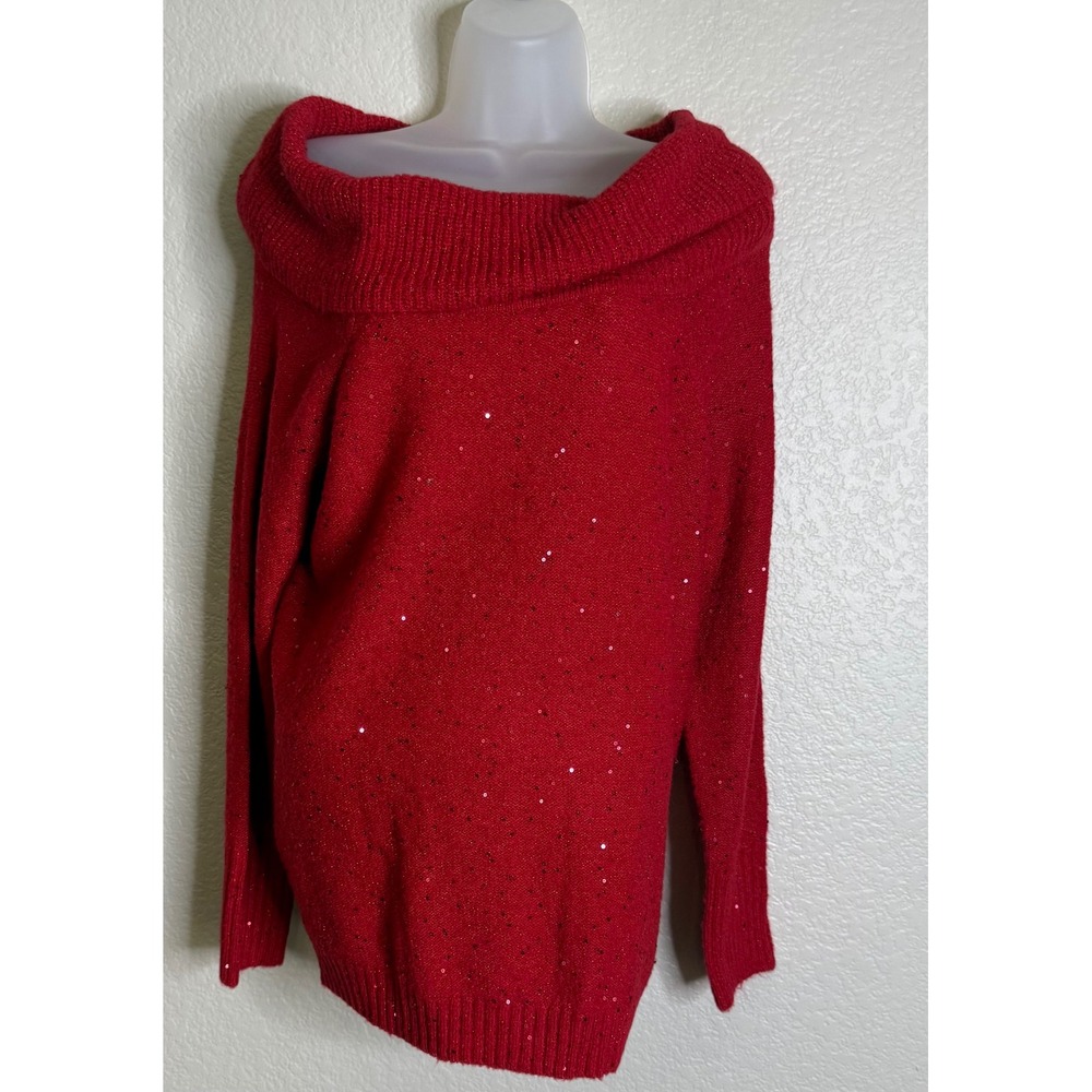 Chicos 1 US Med Touch of Sparkle Sweater Wild Poppy Red Sequin Cowl Pullover NEW